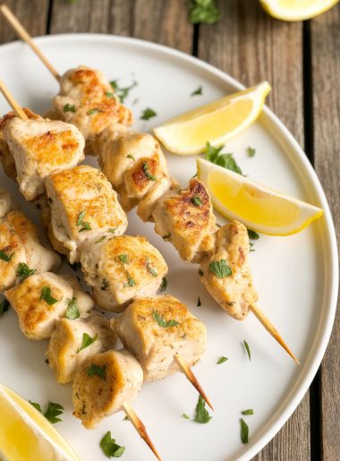 Golden crispy garlic parmesan chicken skewers on a white platter garnished with parsley and lemon wedges