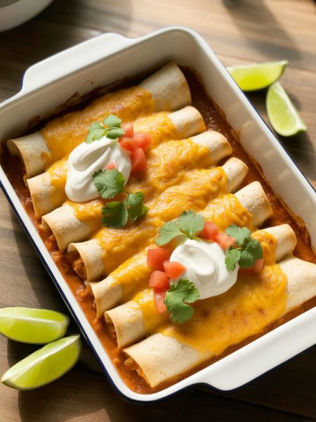Gluten free chicken enchiladas made with corn tortillas in a baking dish topped with melted cheese and garnished with cilantro