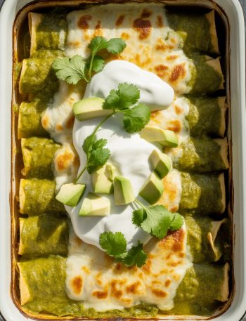 Baking dish of green chili chicken enchiladas with melted cheese, bright green sauce, garnished with cilantro and sour cream