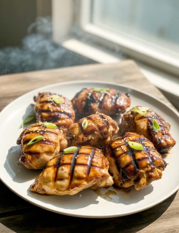 Grilled teriyaki chicken thighs with caramelized glaze and char marks on white plate garnished with sesame seeds