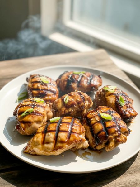 Grilled teriyaki chicken thighs with caramelized glaze and char marks on white plate garnished with sesame seeds