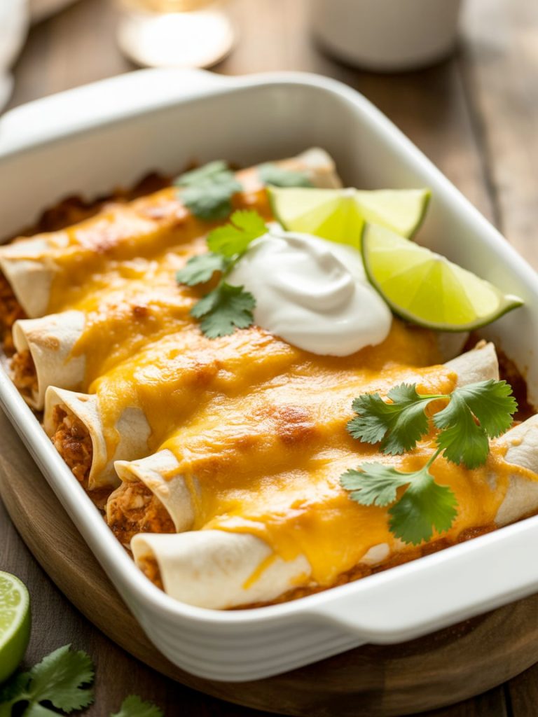 Baked ground chicken enchiladas in a white dish topped with melted cheese, cilantro, and sour cream