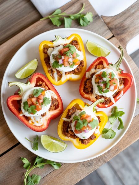 Colorful bell pepper halves stuffed with seasoned ground turkey, black beans, and topped with Greek yogurt, salsa, and fresh cilantro on a white plate