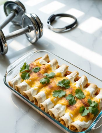 High protein chicken enchiladas with Greek yogurt sauce and melted cheese in baking dish for healthy meal prep