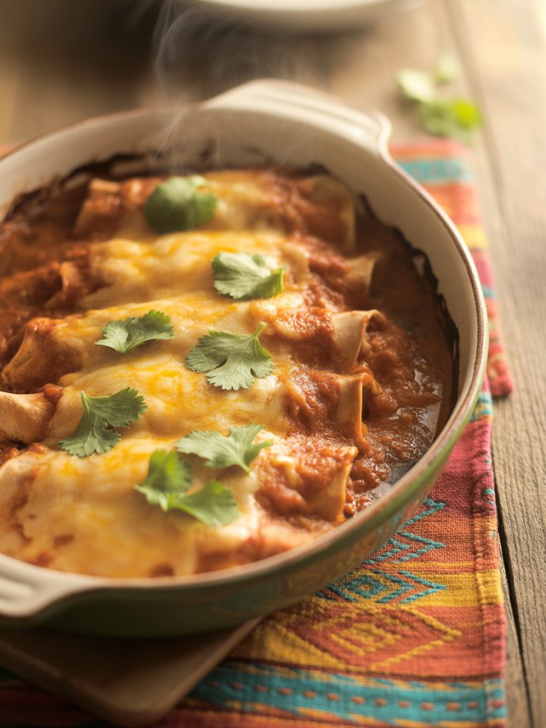 Homemade chicken enchiladas with red sauce and melted cheese in rustic baking dish garnished with cilantro