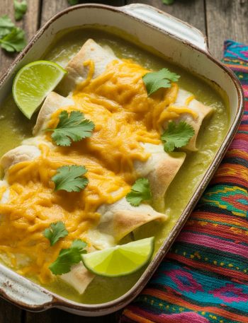 Honey lime chicken enchiladas with creamy green chile sauce and melted cheese garnished with cilantro and lime