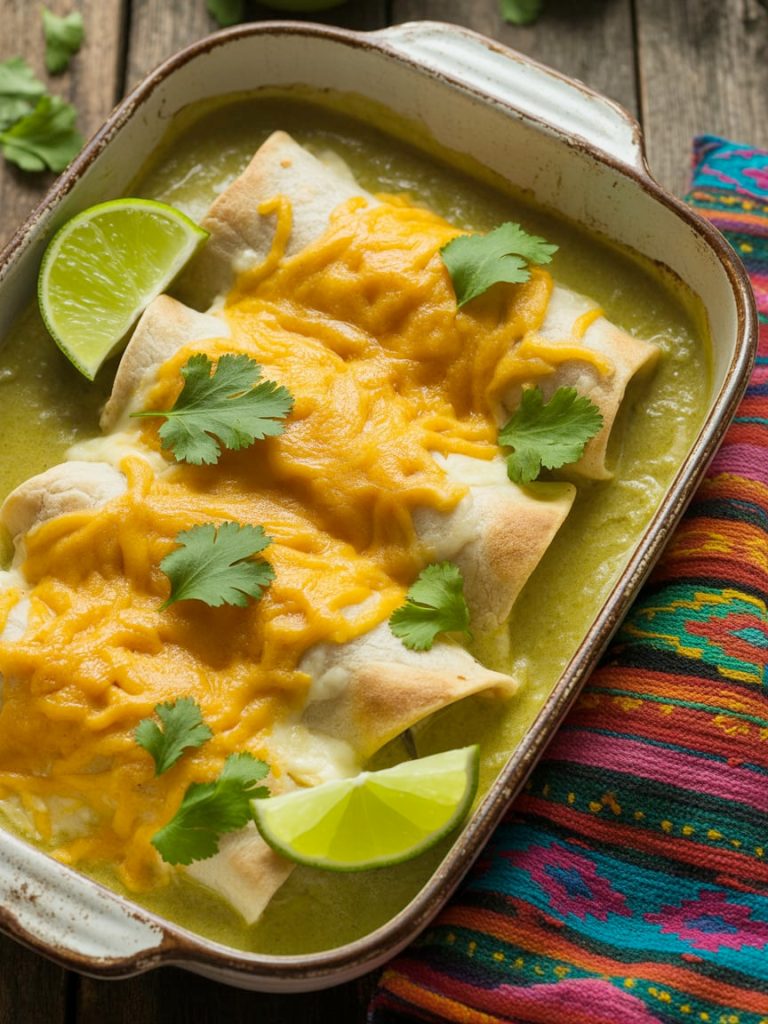 Honey lime chicken enchiladas with creamy green chile sauce and melted cheese garnished with cilantro and lime