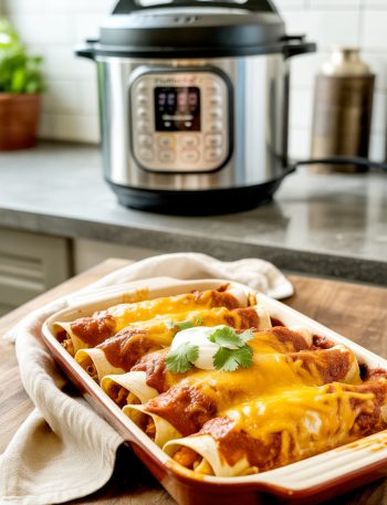 Instant Pot chicken enchiladas with melted cheese and red sauce with pressure cooker visible in background