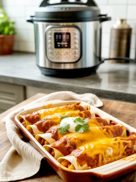 Instant Pot chicken enchiladas with melted cheese and red sauce with pressure cooker visible in background