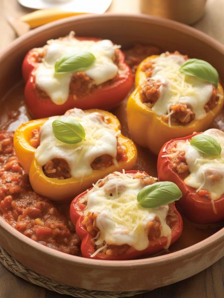 Overhead view of Italian stuffed peppers with melted mozzarella and fresh basil in baking dish