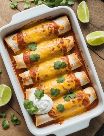 Keto chicken enchiladas in a white baking dish topped with melted cheese, garnished with fresh cilantro and sour cream