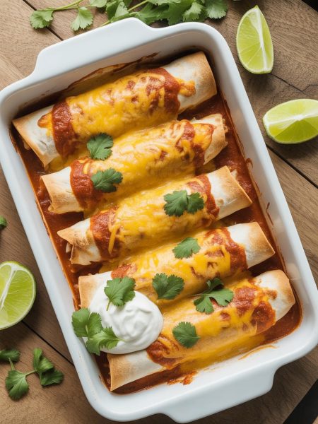 Keto chicken enchiladas in a white baking dish topped with melted cheese, garnished with fresh cilantro and sour cream