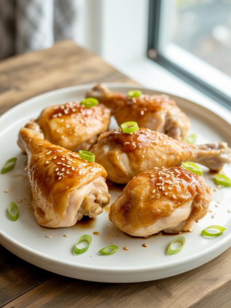 Keto teriyaki chicken thighs and drumsticks with sugar free glaze on white plate for low carb meal