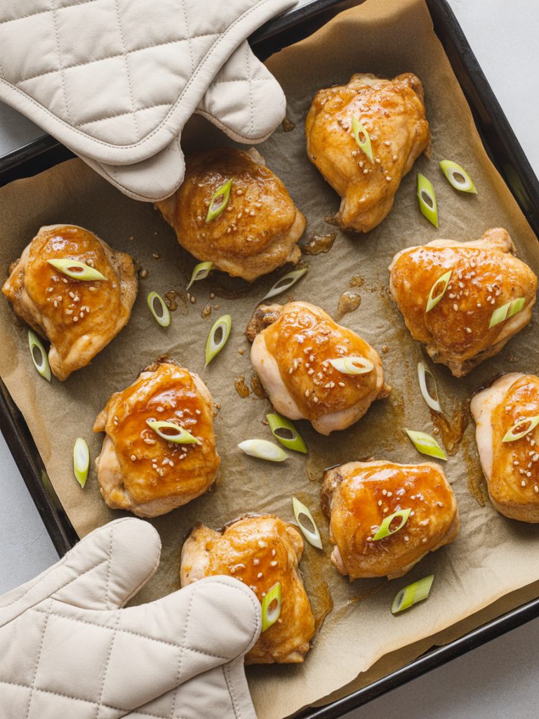 Golden-brown boneless teriyaki chicken thighs with caramelized glaze on baking sheet fresh from oven, garnished with sesame seeds