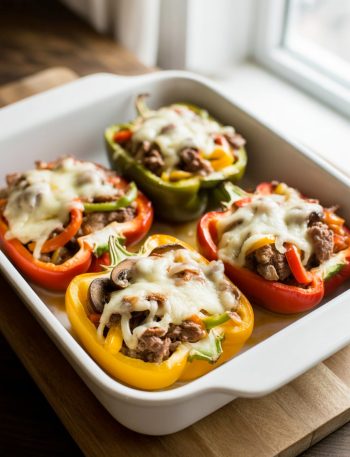 Philly cheesesteak stuffed bell peppers with tender beef peppers onions and melted provolone cheese in baking dish