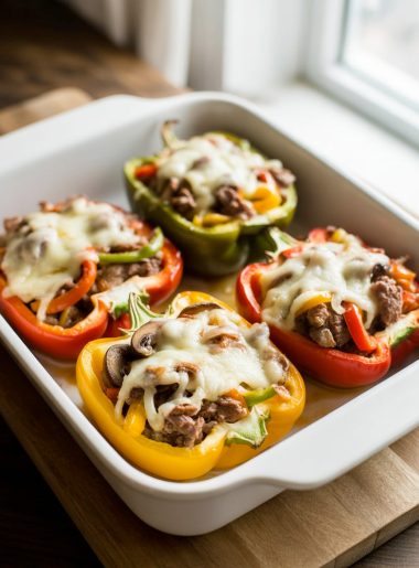 Philly cheesesteak stuffed bell peppers with tender beef peppers onions and melted provolone cheese in baking dish