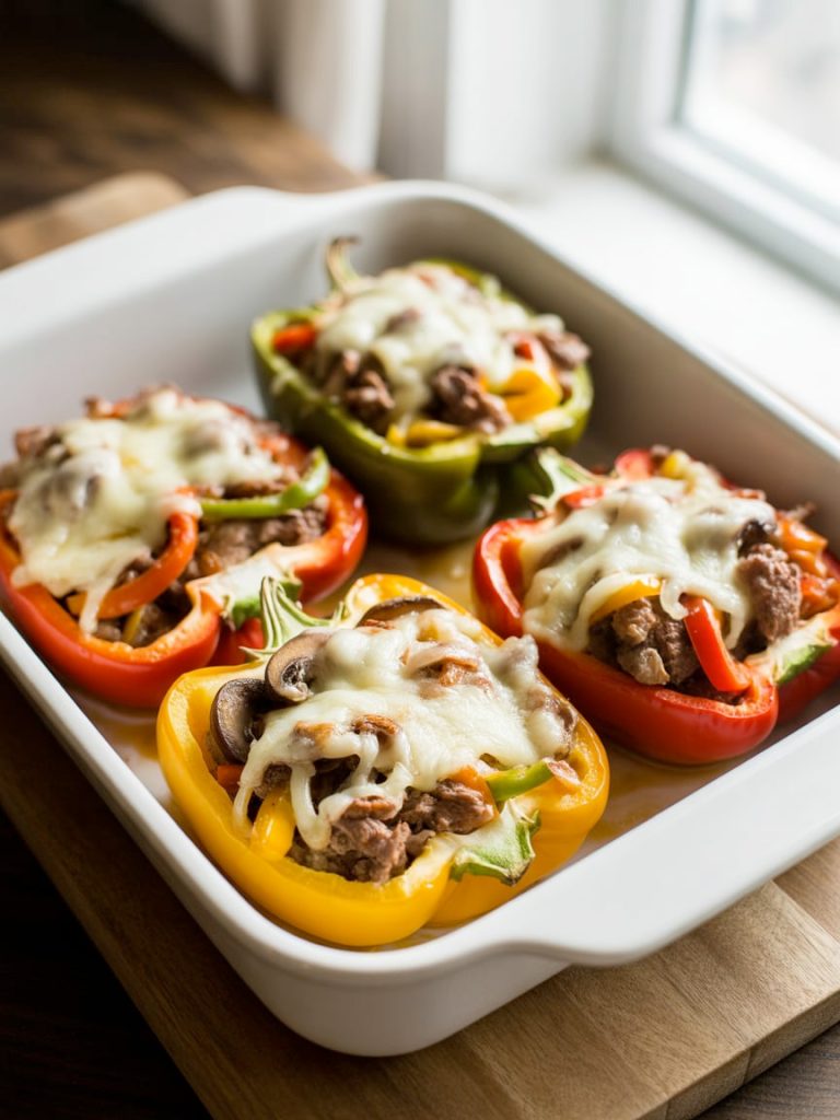 Philly cheesesteak stuffed bell peppers with tender beef peppers onions and melted provolone cheese in baking dish
