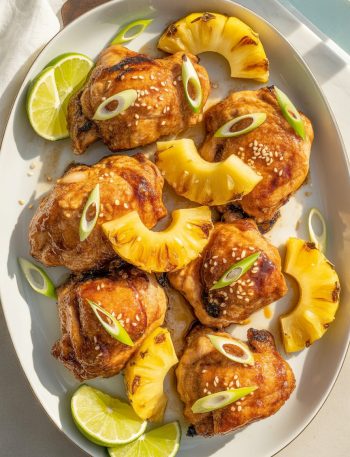 Golden-brown teriyaki chicken thighs with caramelized pineapple chunks, glossy glaze, garnished with sesame seeds and lime