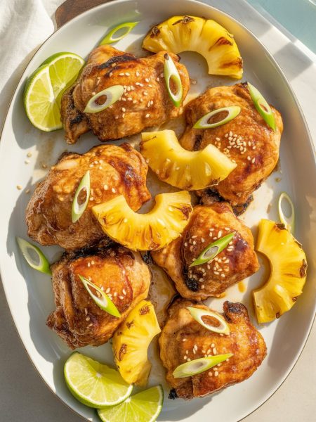 Golden-brown teriyaki chicken thighs with caramelized pineapple chunks, glossy glaze, garnished with sesame seeds and lime
