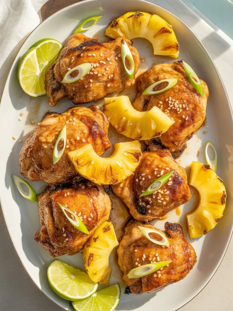 Golden-brown teriyaki chicken thighs with caramelized pineapple chunks, glossy glaze, garnished with sesame seeds and lime