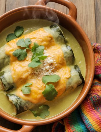 Poblano chicken enchiladas with creamy roasted poblano sauce and melted cheese garnished with cilantro and cotija