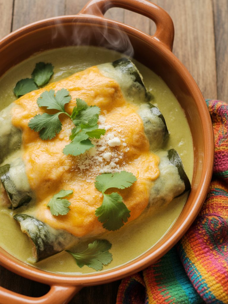 Poblano chicken enchiladas with creamy roasted poblano sauce and melted cheese garnished with cilantro and cotija