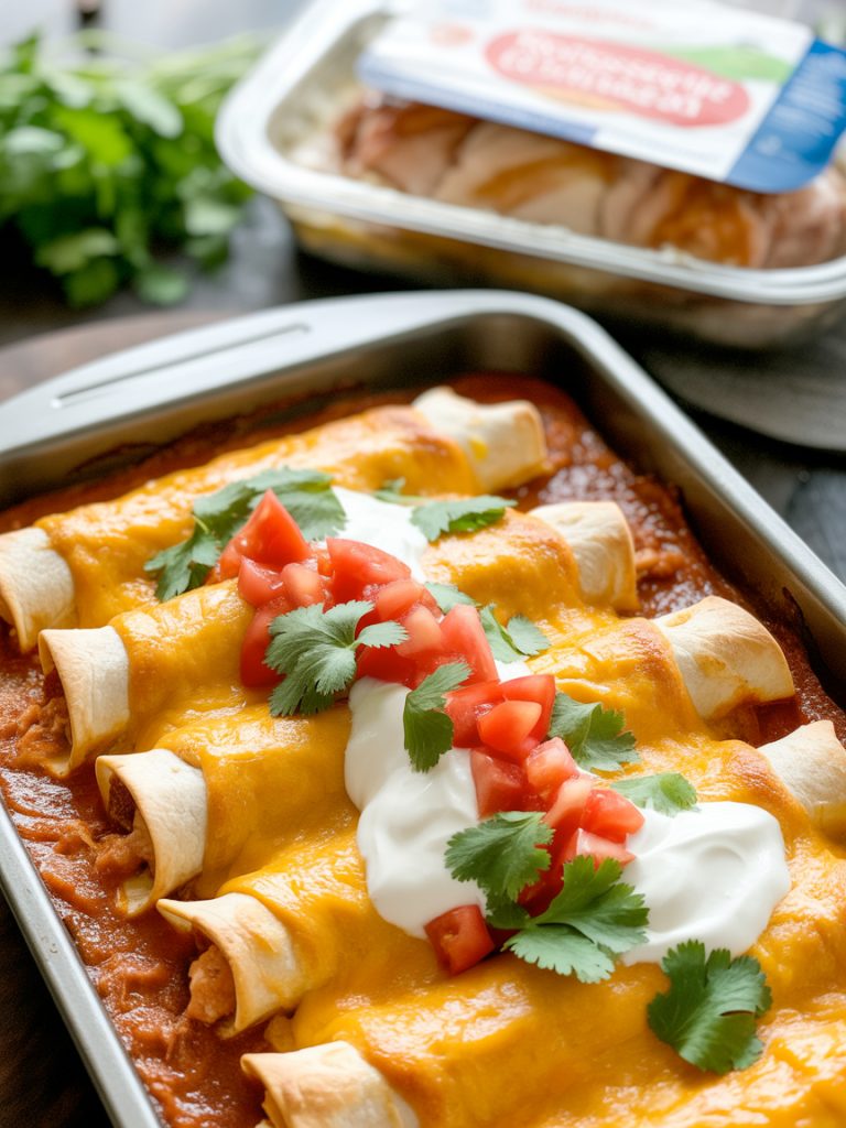 Baking dish of golden-brown enchiladas made with rotisserie chicken, melted cheese, red sauce, garnished with cilantro