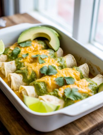 Salsa verde chicken enchiladas in baking dish covered with tangy green tomatillo sauce and melted cheese