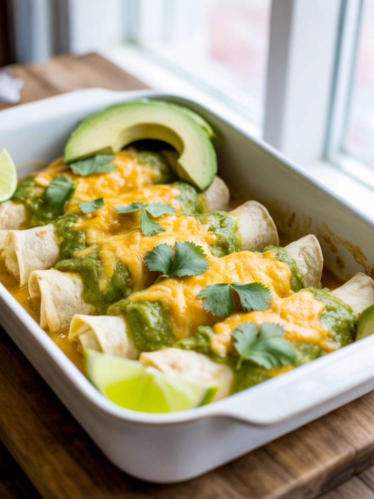 Salsa verde chicken enchiladas in baking dish covered with tangy green tomatillo sauce and melted cheese