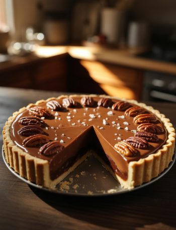 Salted caramel chocolate pecan pie with one slice removed showing distinct chocolate and caramel layers topped with pecans