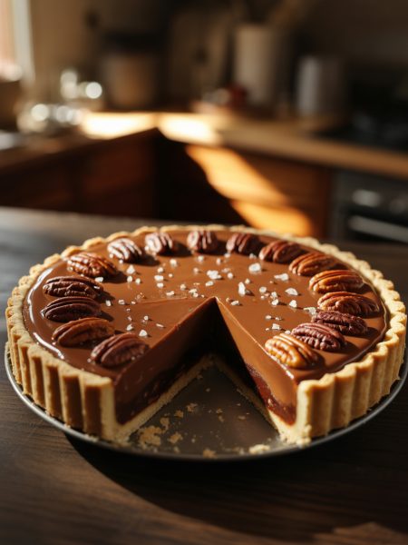 Salted caramel chocolate pecan pie with one slice removed showing distinct chocolate and caramel layers topped with pecans