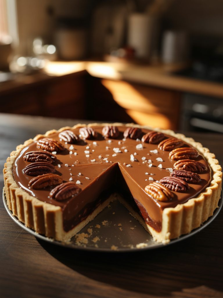 Salted caramel chocolate pecan pie with one slice removed showing distinct chocolate and caramel layers topped with pecans