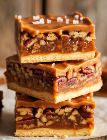 Stacked salted caramel maple pecan pie bars showing layers of shortbread crust, pecan filling, and caramel drizzle
