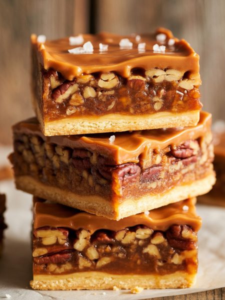 Stacked salted caramel maple pecan pie bars showing layers of shortbread crust, pecan filling, and caramel drizzle