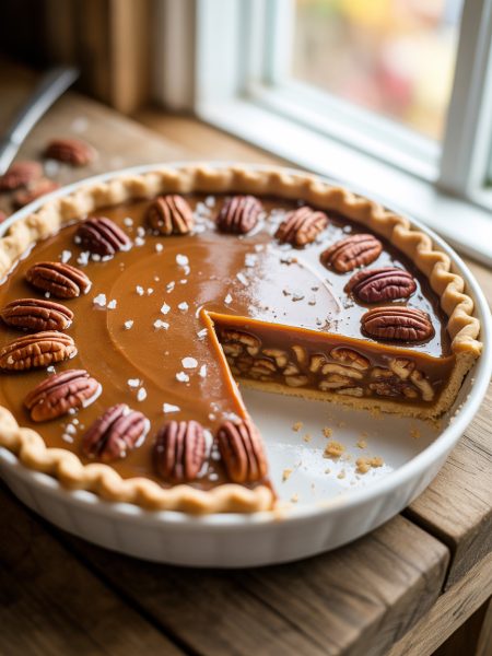 Salted caramel pecan pie with one slice removed showing gooey caramel filling and crunchy pecans on a rustic wooden table