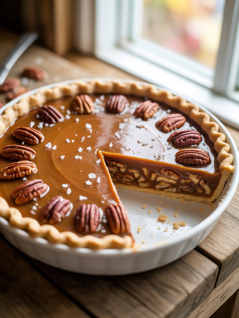 Salted caramel pecan pie with one slice removed showing gooey caramel filling and crunchy pecans on a rustic wooden table
