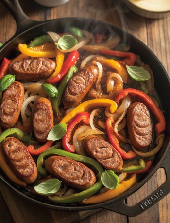 Overhead view of sausage and peppers skillet with golden sausage slices, colorful bell peppers, and caramelized onions in cast iron pan