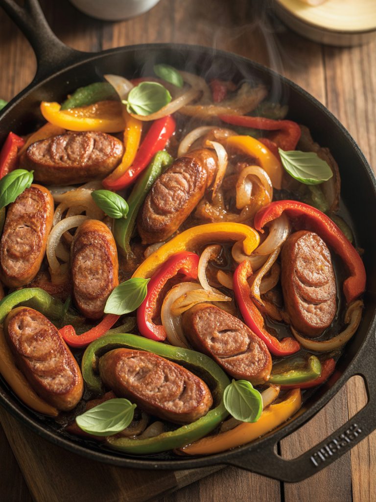 Overhead view of sausage and peppers skillet with golden sausage slices, colorful bell peppers, and caramelized onions in cast iron pan