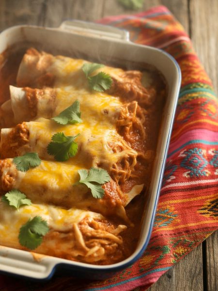 Shredded chicken enchiladas with red sauce and melted cheese in a baking dish garnished with cilantro