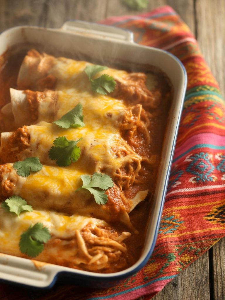 Shredded chicken enchiladas with red sauce and melted cheese in a baking dish garnished with cilantro