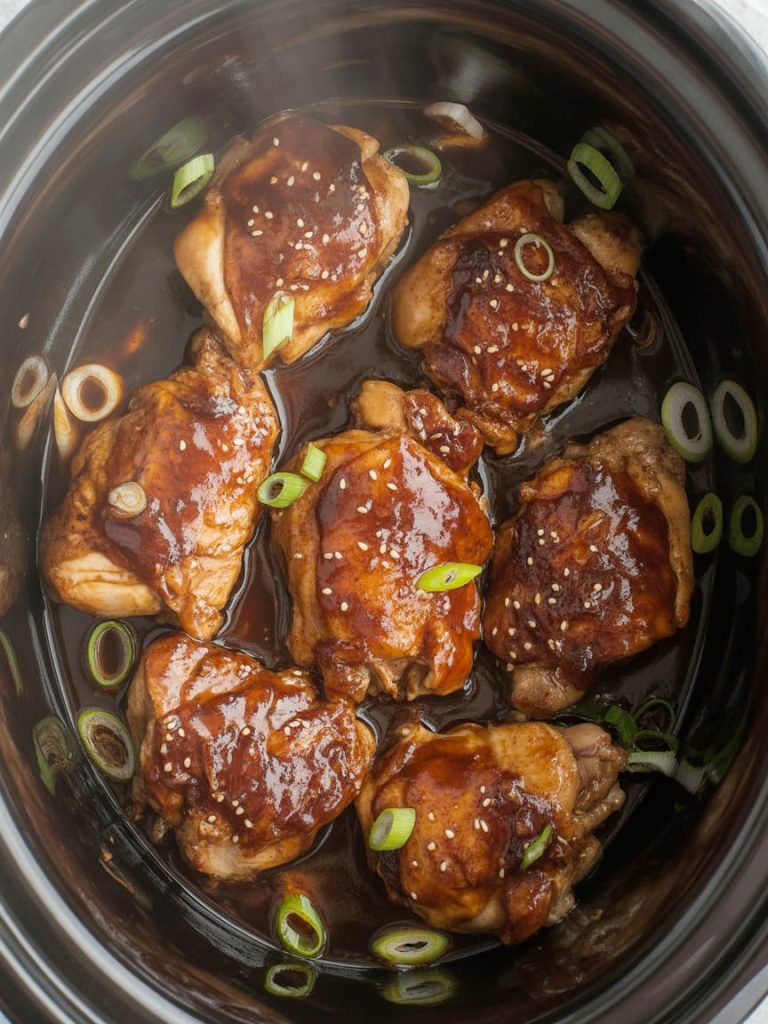 Slow cooker filled with tender teriyaki chicken thighs in glossy sauce, garnished with sesame seeds and green onions