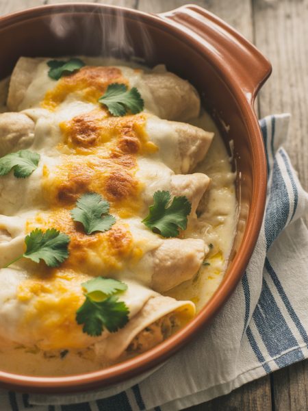 Creamy sour cream chicken enchiladas in a baking dish topped with melted cheese and fresh cilantro