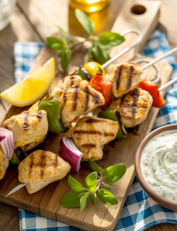 Grilled souvlaki chicken skewers with char marks on rustic board with lemon and tzatziki sauce