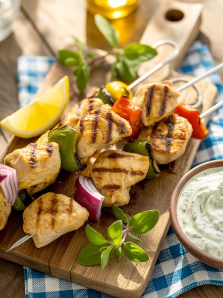 Grilled souvlaki chicken skewers with char marks on rustic board with lemon and tzatziki sauce
