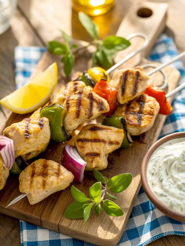 Grilled souvlaki chicken skewers with char marks on rustic board with lemon and tzatziki sauce