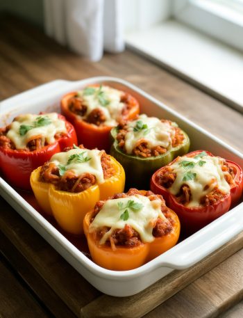 Colorful stuffed bell peppers with ground turkey and melted cheese in baking dish fresh from the oven