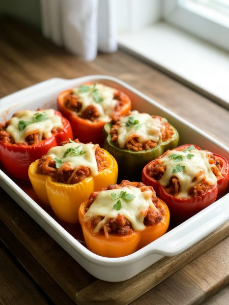 Colorful stuffed bell peppers with ground turkey and melted cheese in baking dish fresh from the oven