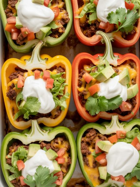 Overhead view of taco stuffed peppers with melted cheese and Mexican toppings in baking dish