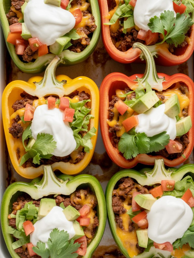 Overhead view of taco stuffed peppers with melted cheese and Mexican toppings in baking dish