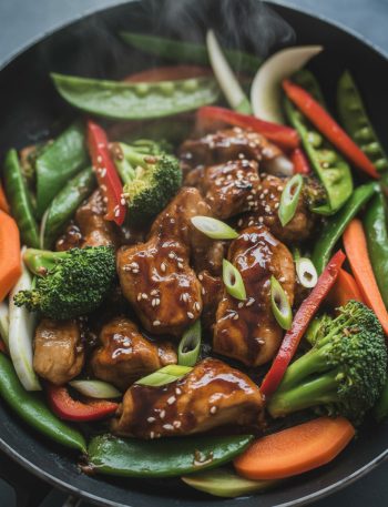 Overhead view of teriyaki chicken stir fry with glazed chicken, colorful vegetables, and sesame seeds in a wok